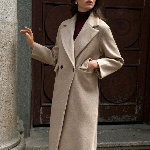 Khaki Casual Women's Lapel Long Coat - Picture 8 of 8